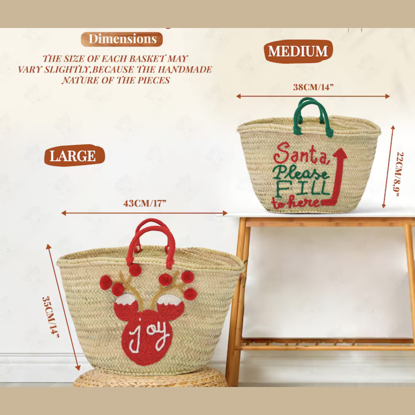 Handwoven Straw Bag with Christmas Embroidery Santa's Sack