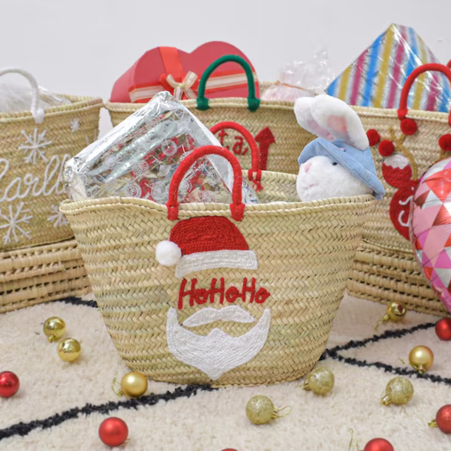Handwoven Straw Bag with Christmas Embroidery Santa's Sack