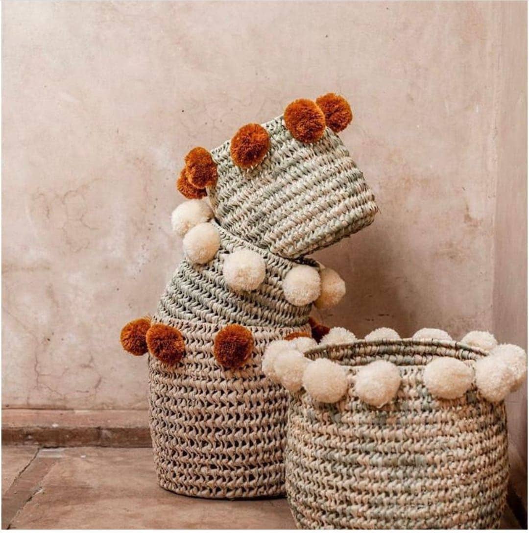 Set of 3 customizable pompom bohemian style storage basket - berberlifeshop