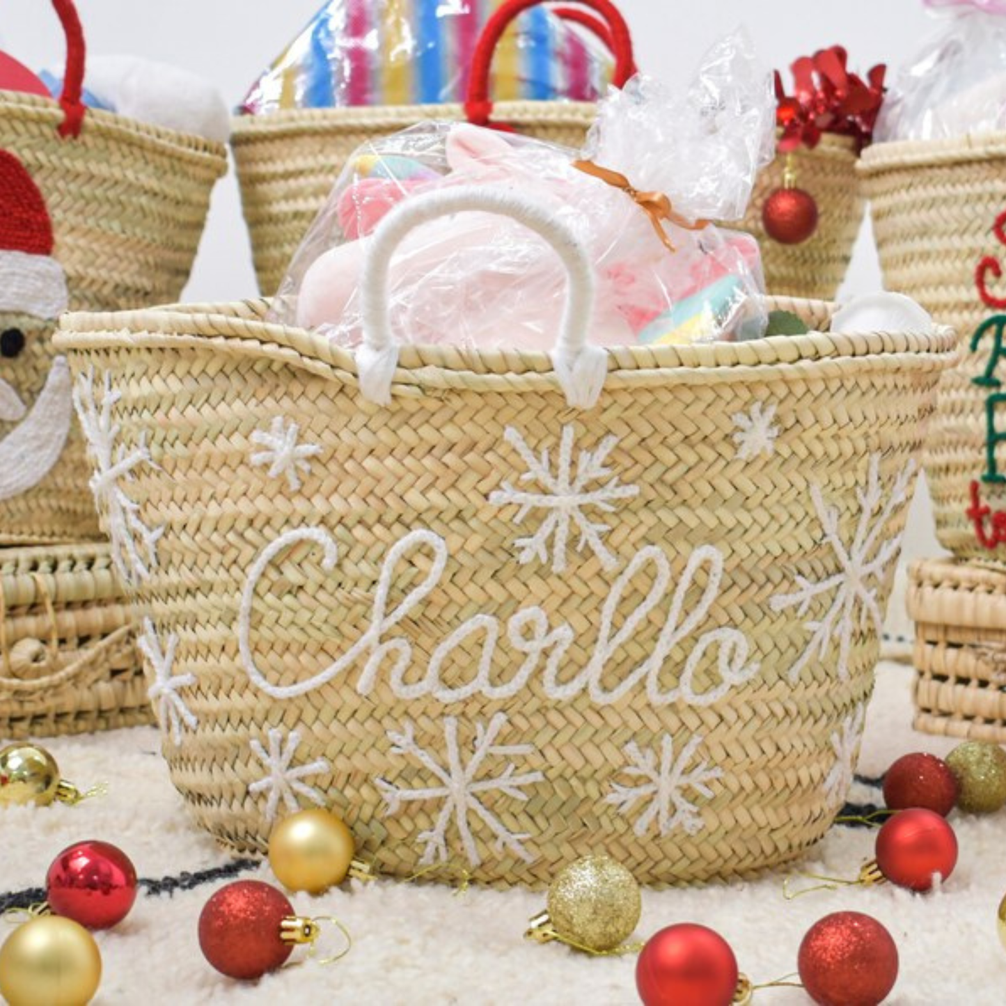 Handwoven Straw Bag with Christmas Embroidery Santa's Sack