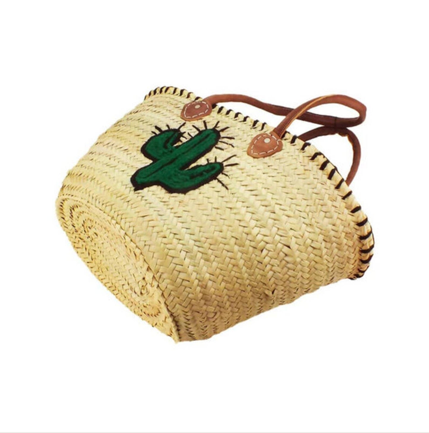 Handwoven Straw Bag with Cactus Wool Embroidery