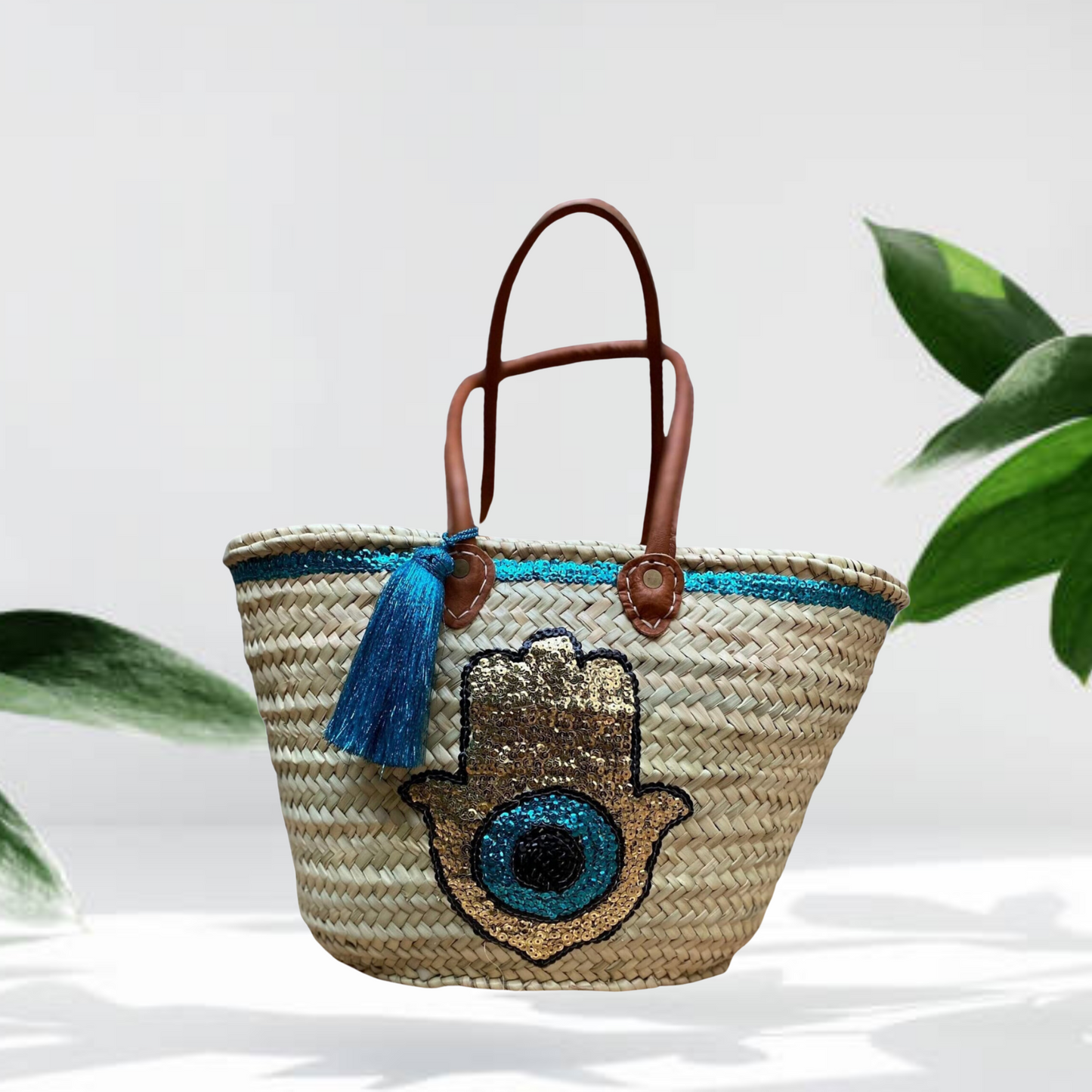 Bohemian Handmade Sequin Straw Basket Bag with Fatima Hand - berberlifeshop