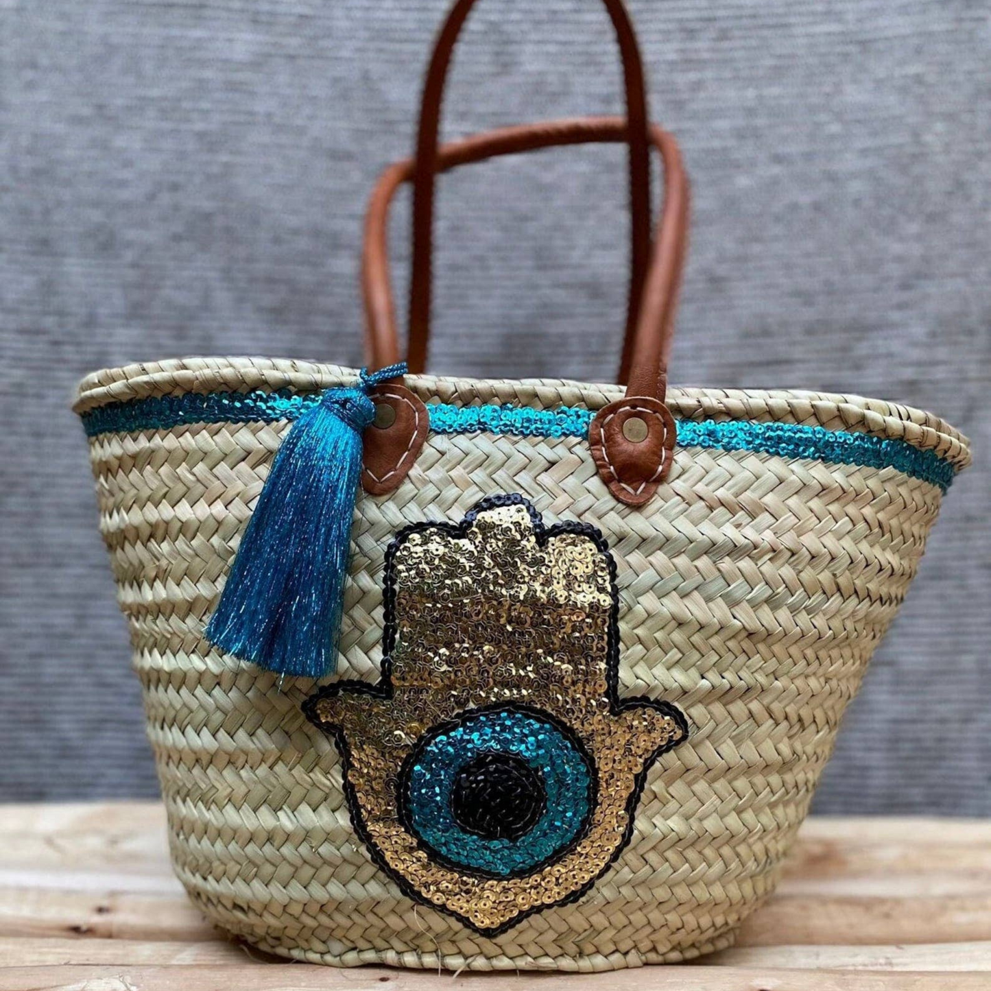 Bohemian Handmade Sequin Straw Basket Bag with Fatima Hand - berberlifeshop