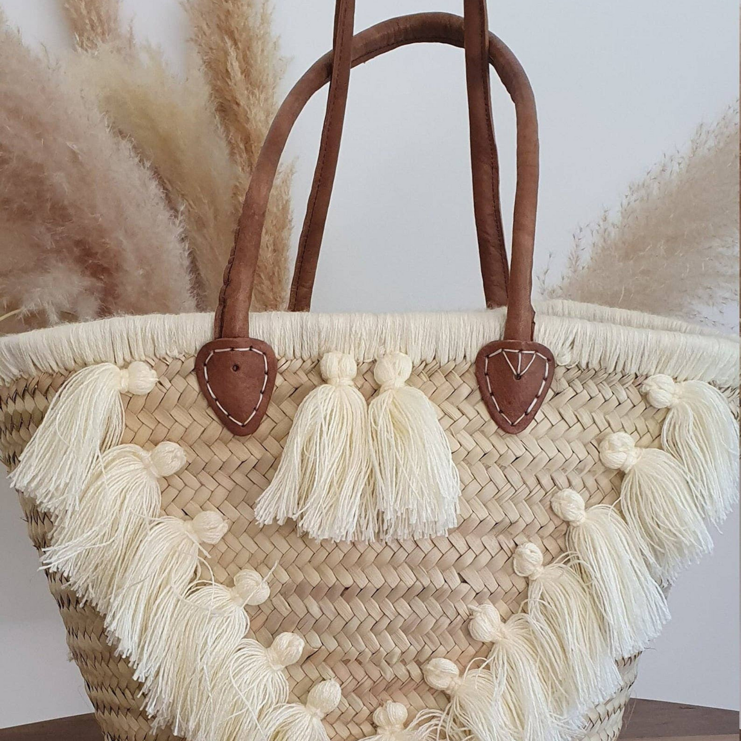 V Tassel large straw bags with leather handles - berberlifeshop