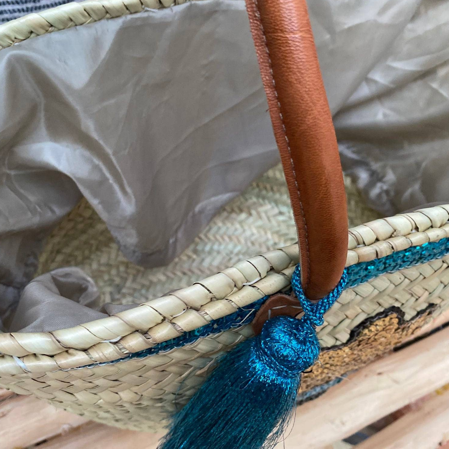Bohemian Handmade Sequin Straw Basket Bag with Fatima Hand - berberlifeshop