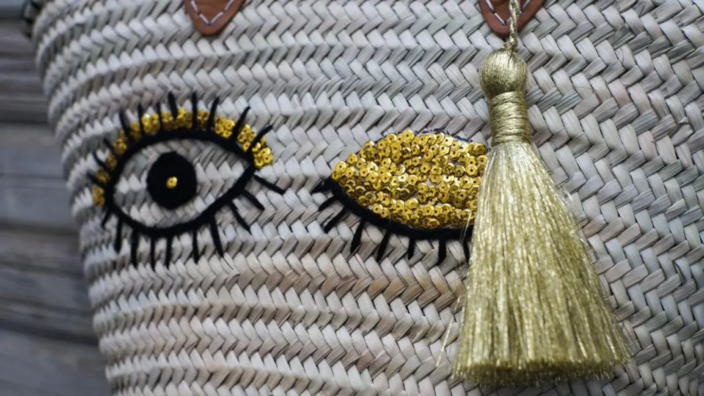 Wink Sequins straw bag with Leather Handles - berberlifeshop