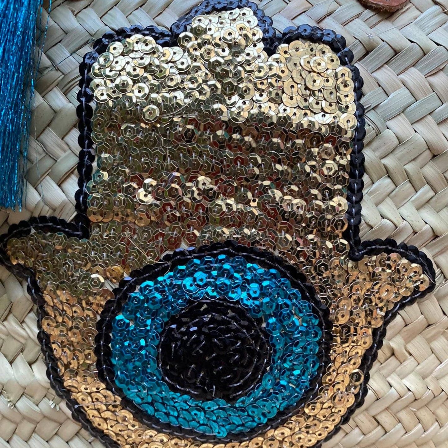 Bohemian Handmade Sequin Straw Basket Bag with Fatima Hand - berberlifeshop