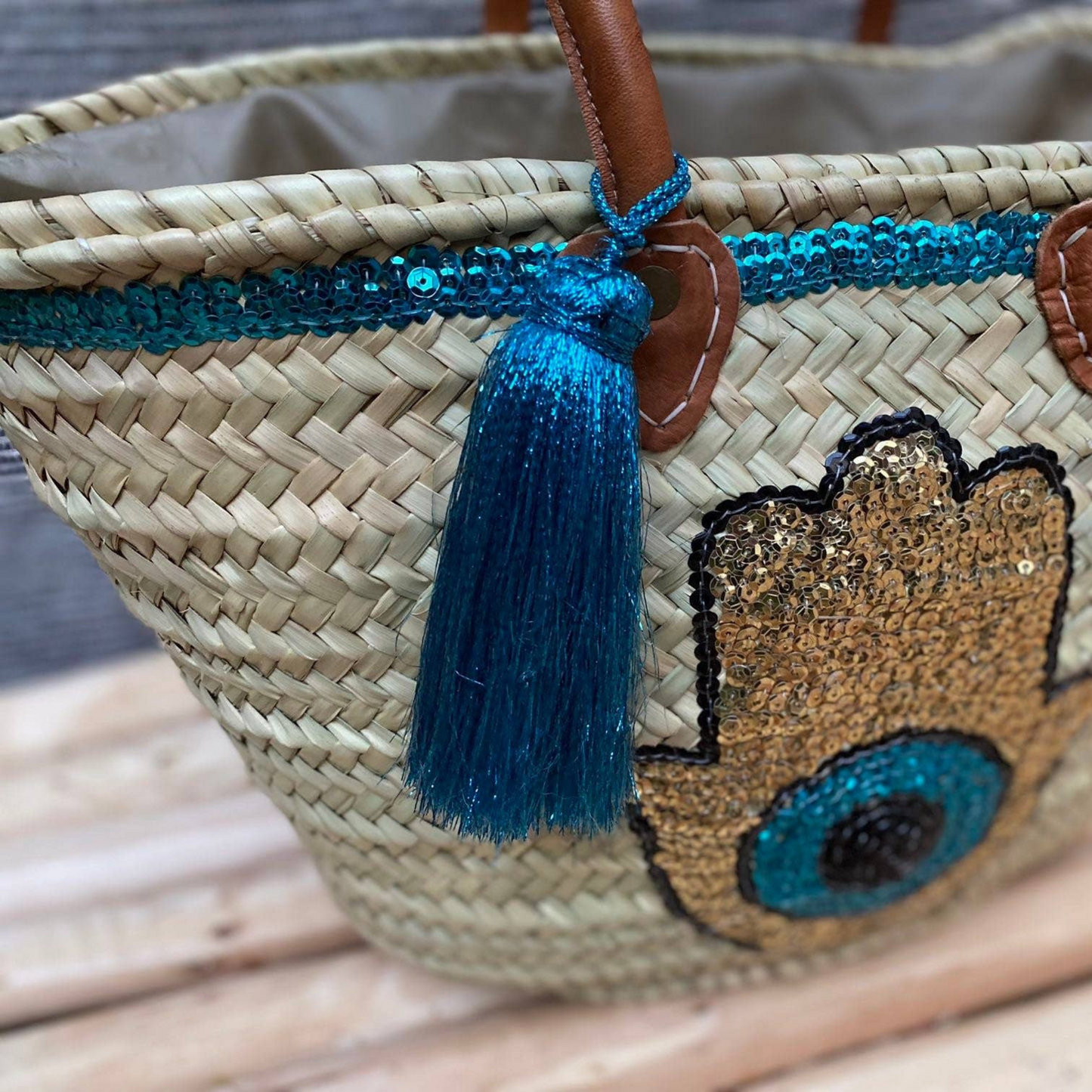 Bohemian Handmade Sequin Straw Basket Bag with Fatima Hand - berberlifeshop