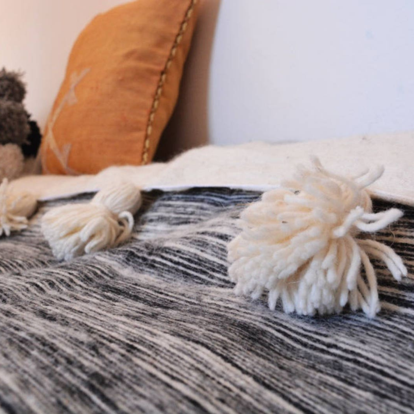 Moroccan blanket Charbone Tassels bed spread - berberlifeshop