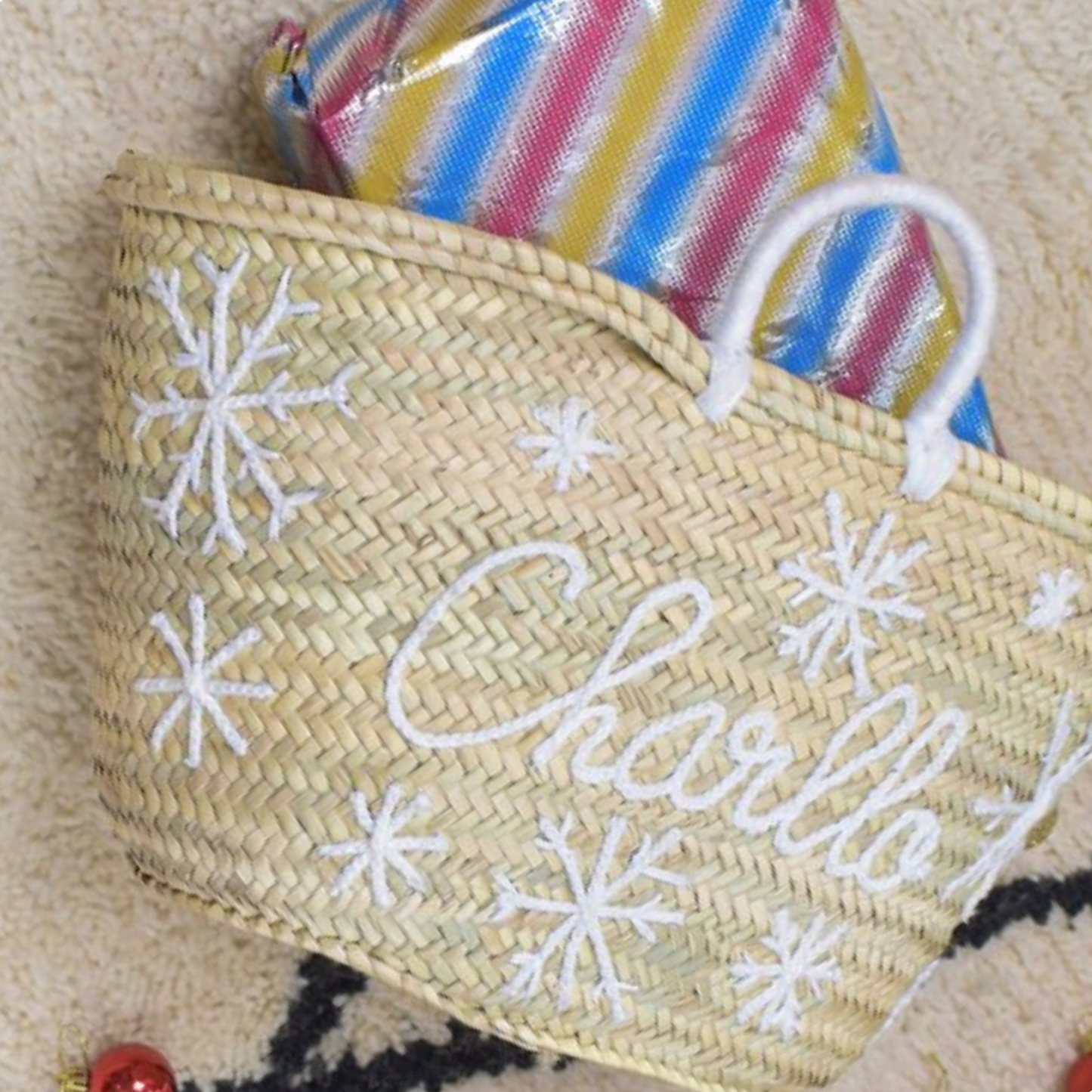 Handwoven Straw Bag with Christmas Embroidery Santa's Sack