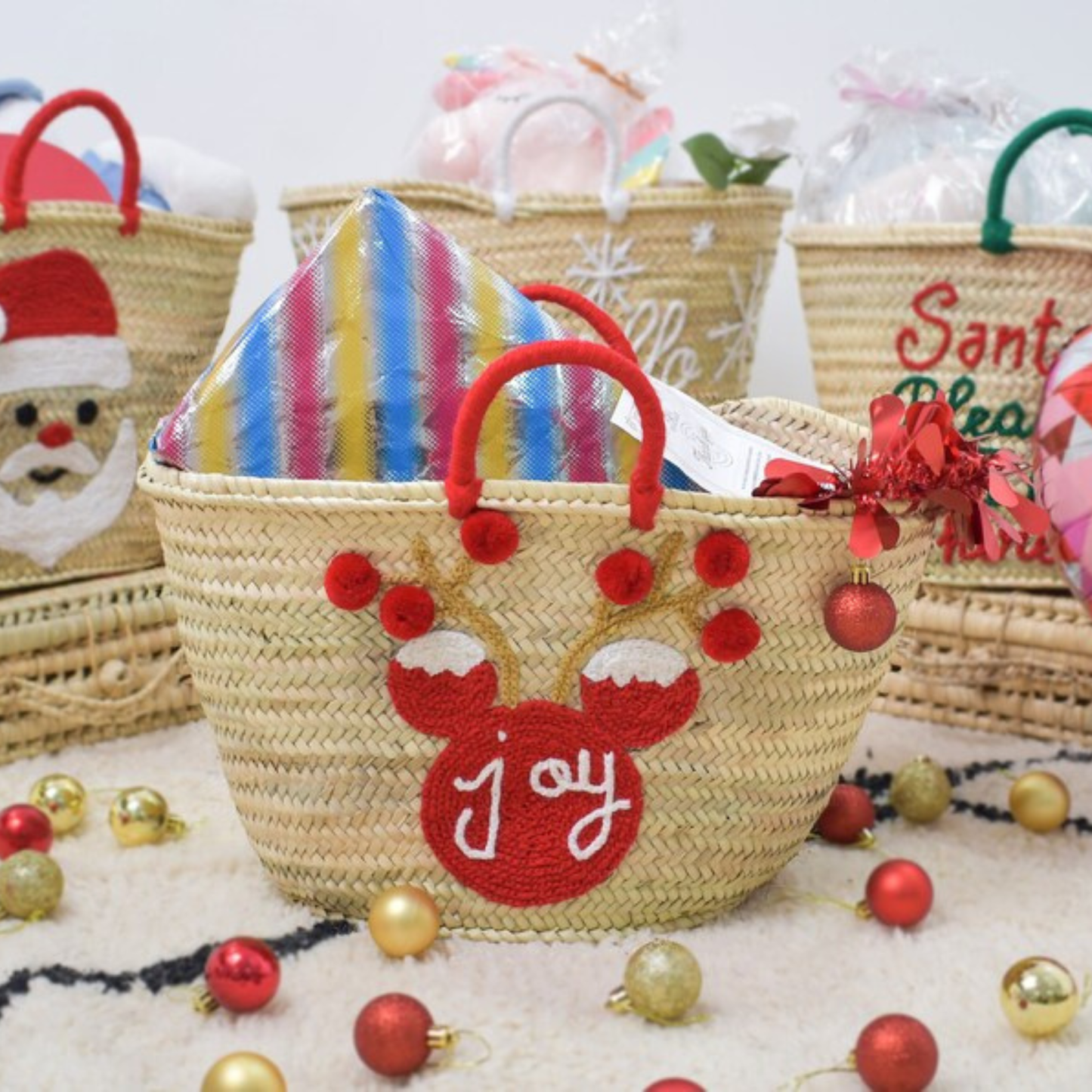 Handwoven Straw Bag with Christmas Embroidery Santa's Sack