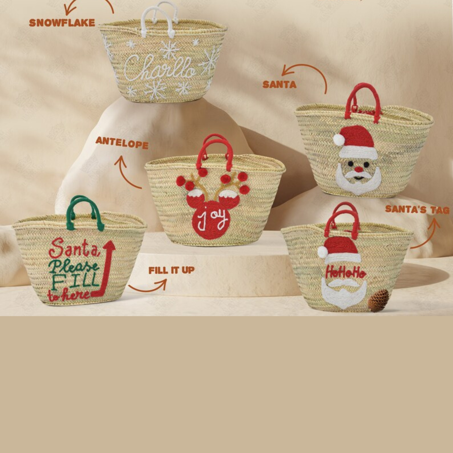 Handwoven Straw Bag with Christmas Embroidery Santa's Sack