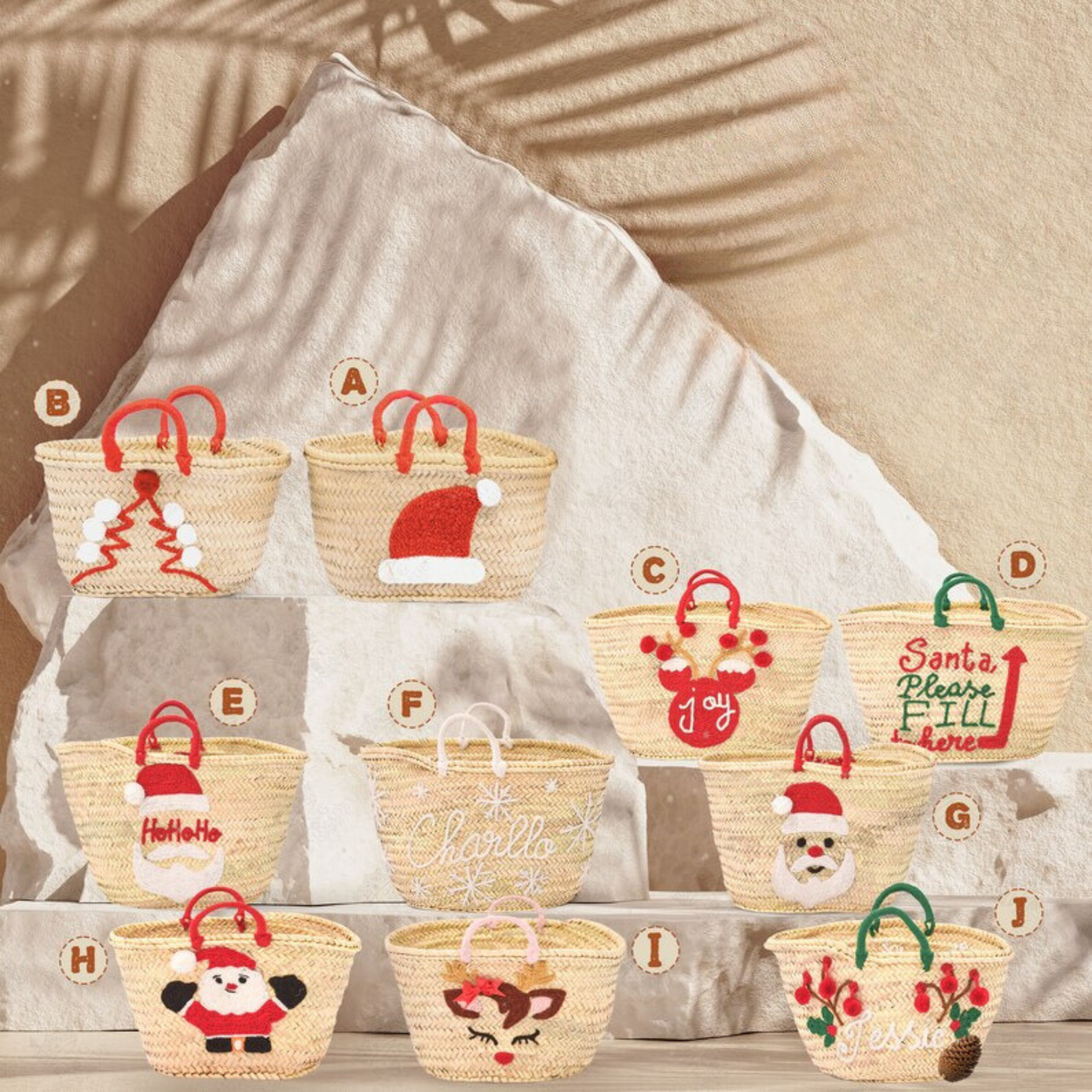 Handwoven Straw Bag with Christmas Embroidery Santa's Sack