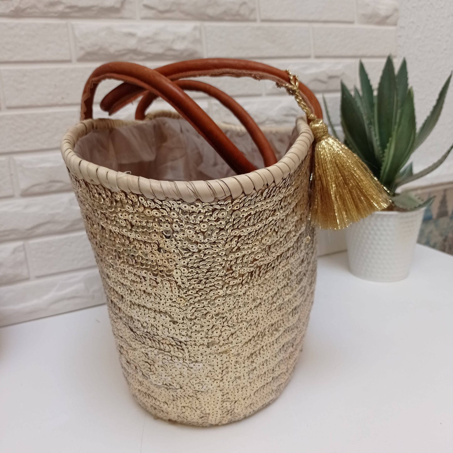 Gold Sequins Leather Handles Straw Bag - berberlifeshop