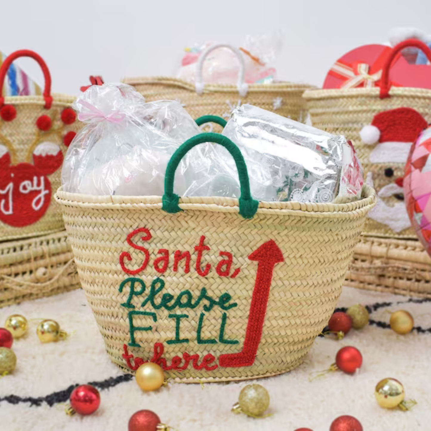 Handwoven Straw Bag with Christmas Embroidery Santa's Sack