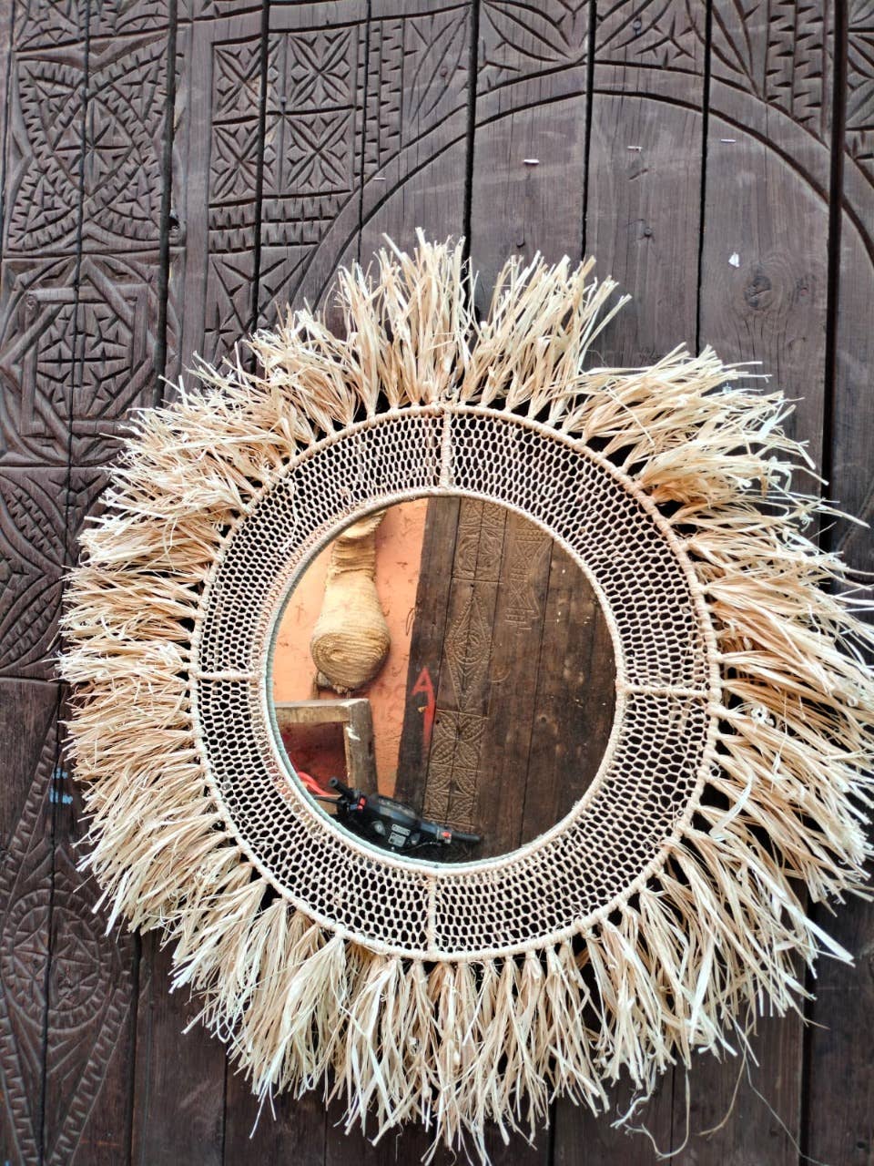 Loully 50cm Diameter Round Raffia Mirror - berberlifeshop