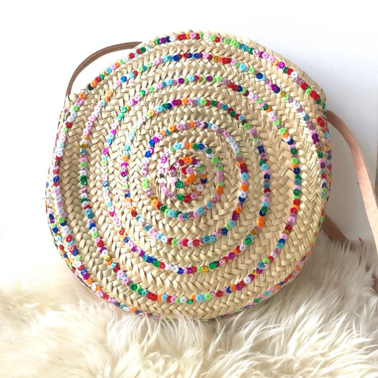 Multicolored Round spiral sequins Bag with natural Leather - berberlifeshop