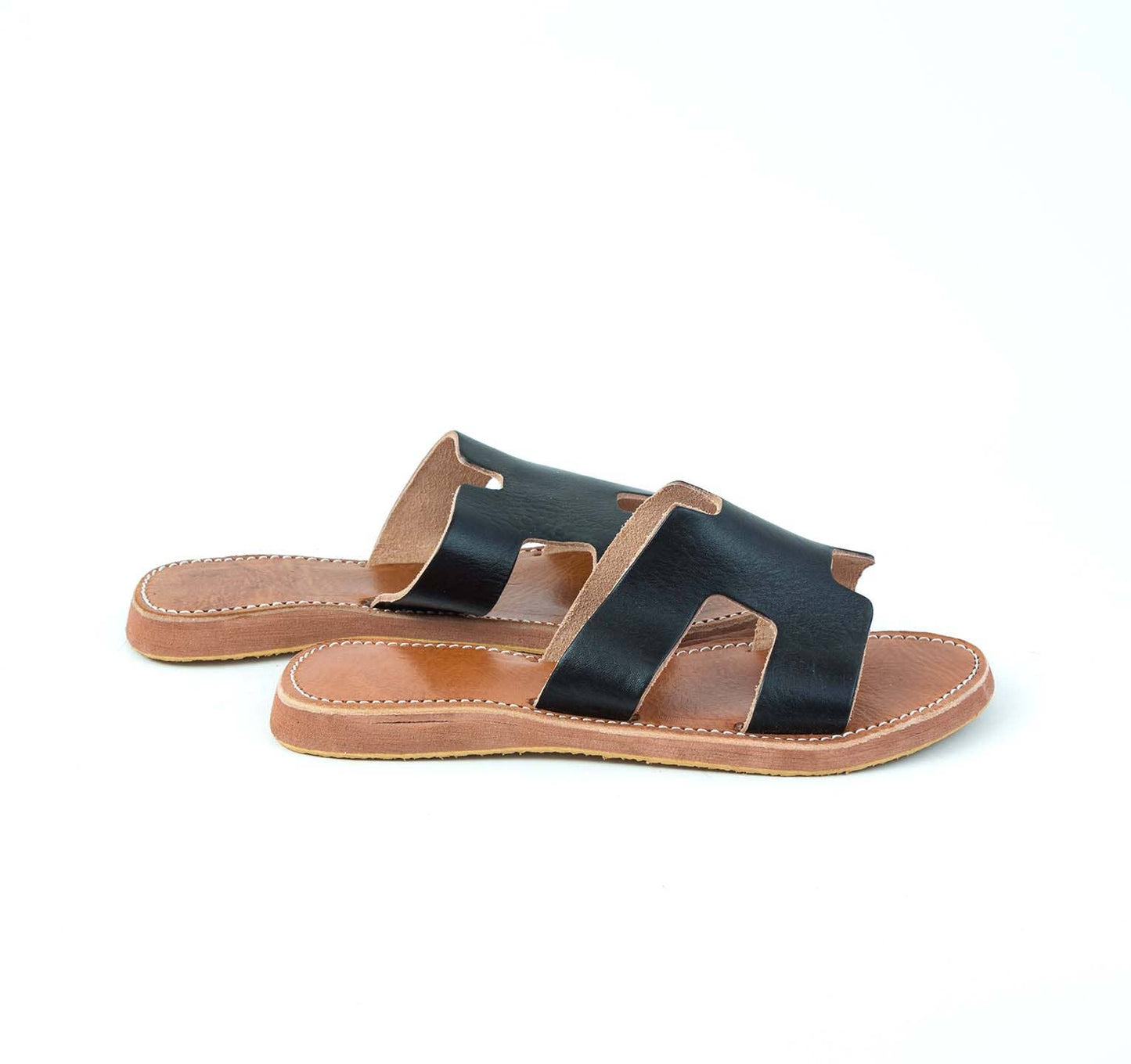 H shaped Black leather Sandal - berberlifeshop
