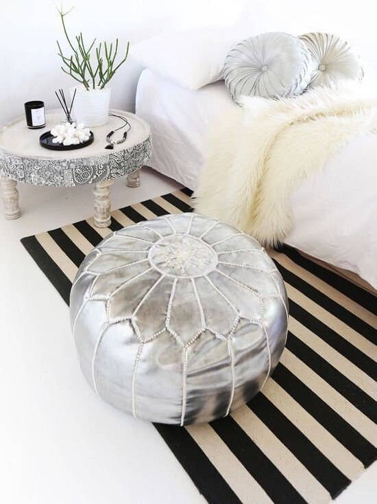 Unstuffed Ottoman Faux Leather Moroccan Pouf Silver - berberlifeshop