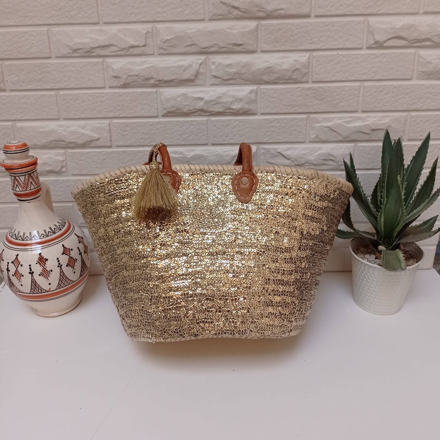 Gold Sequins Leather Handles Straw Bag - berberlifeshop
