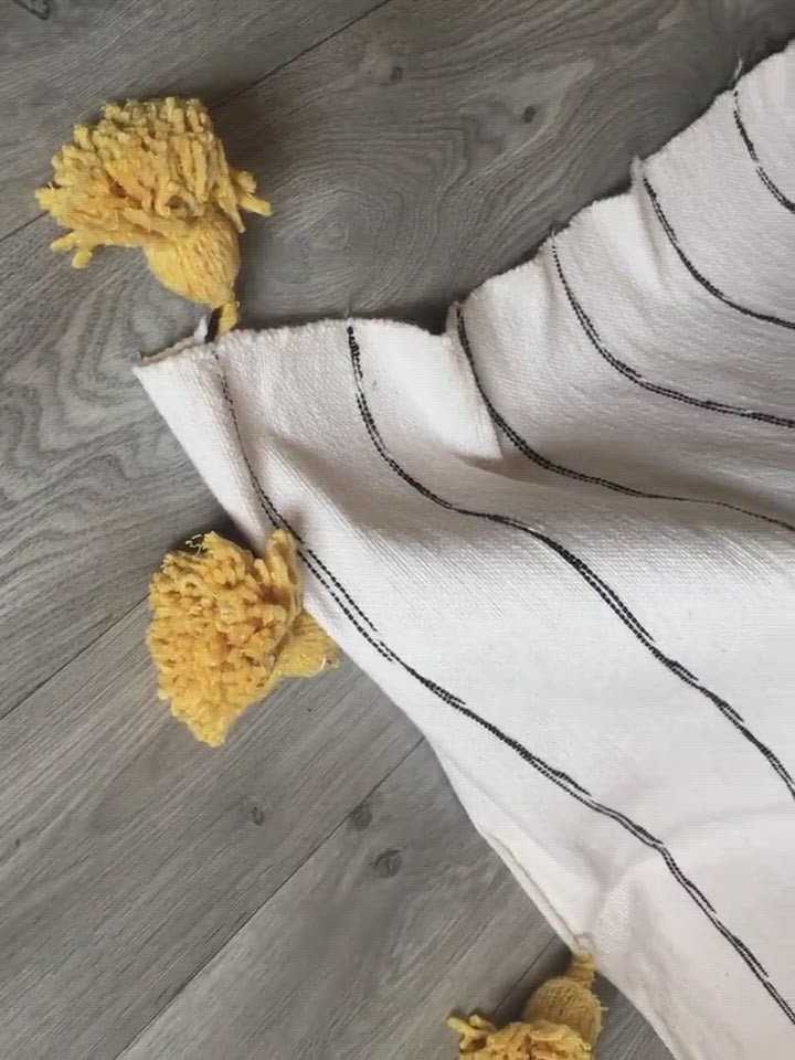 Moroccan blanket White & Yellow Ochre Tassels bed spread - berberlifeshop