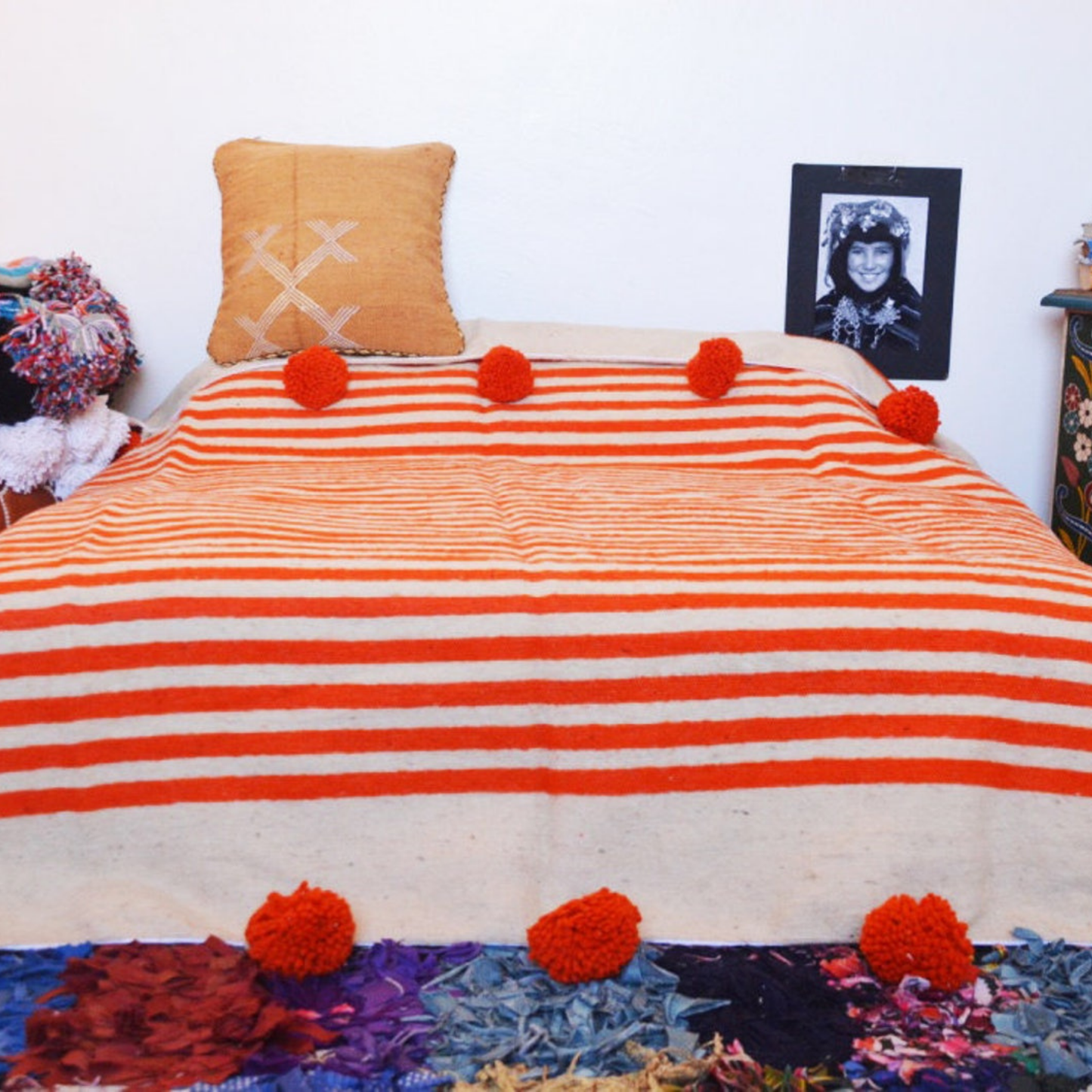 Moroccan blanket Orange Tassels bed spread - berberlifeshop