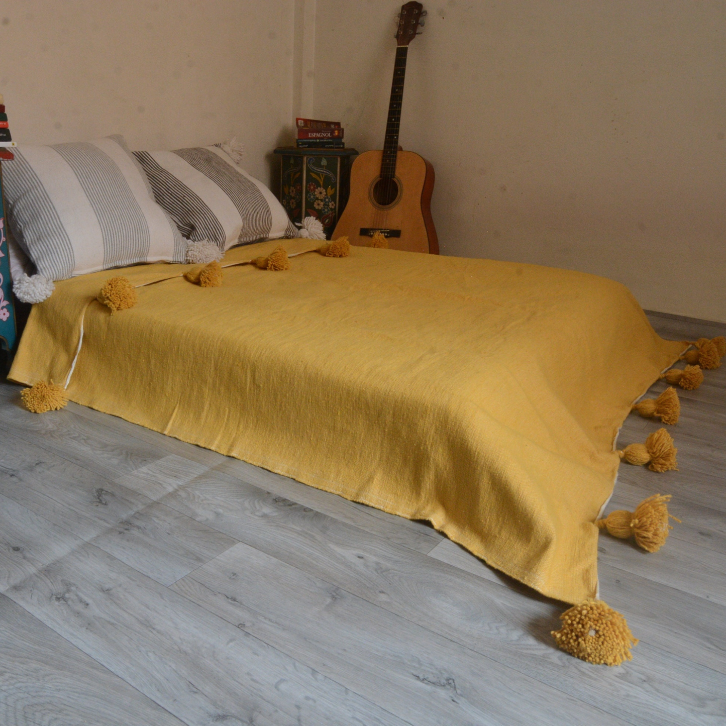 Moroccan blanket Solid Mustard Tassels bed spread - berberlifeshop