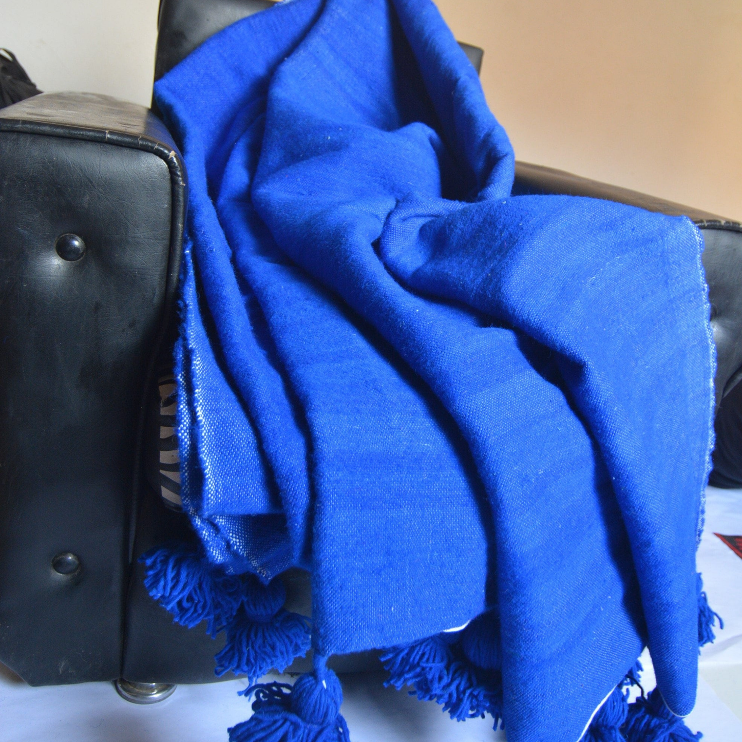 Moroccan blanket Majorelle Blue Tassels bed spread - berberlifeshop