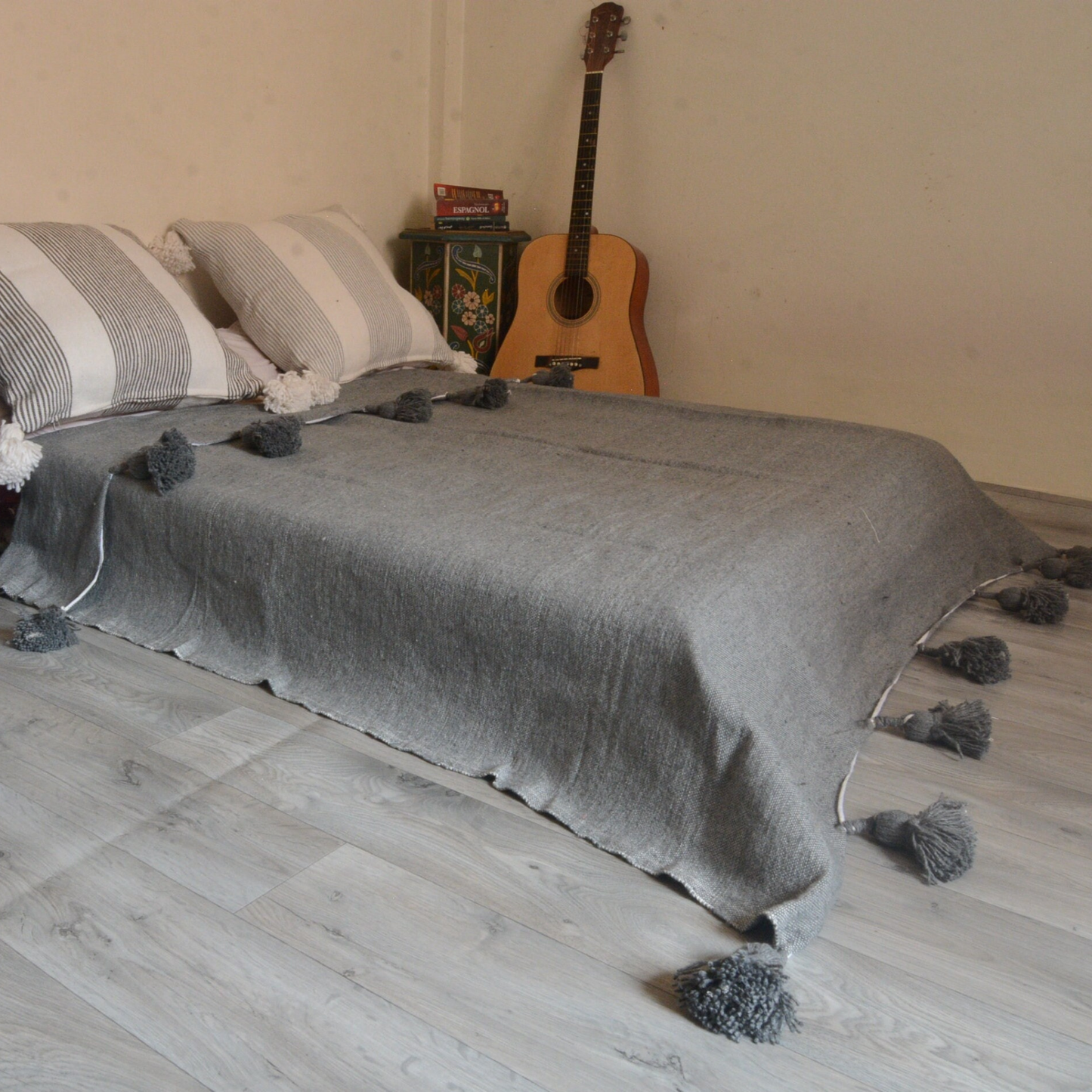 Moroccan blanket Gray Tassels bed spread - berberlifeshop