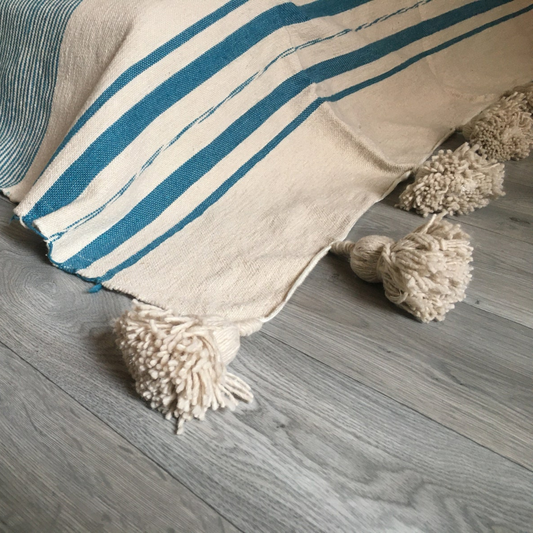 Moroccan blanket powder Blue stripes Tassels bed spread - berberlifeshop