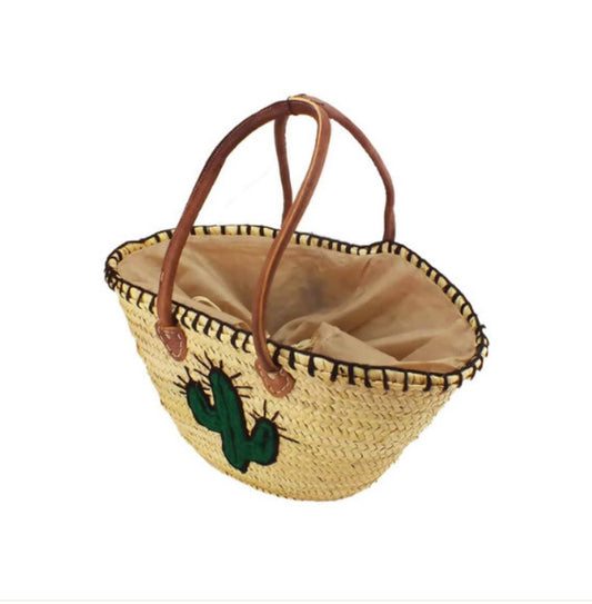 Handwoven Straw Bag with Cactus Wool Embroidery