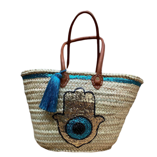 Bohemian Handmade Sequin Straw Basket Bag with Fatima Hand - berberlifeshop