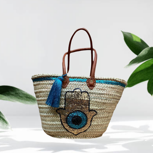 Bohemian Handmade Sequin Straw Basket Bag with Fatima Hand - berberlifeshop