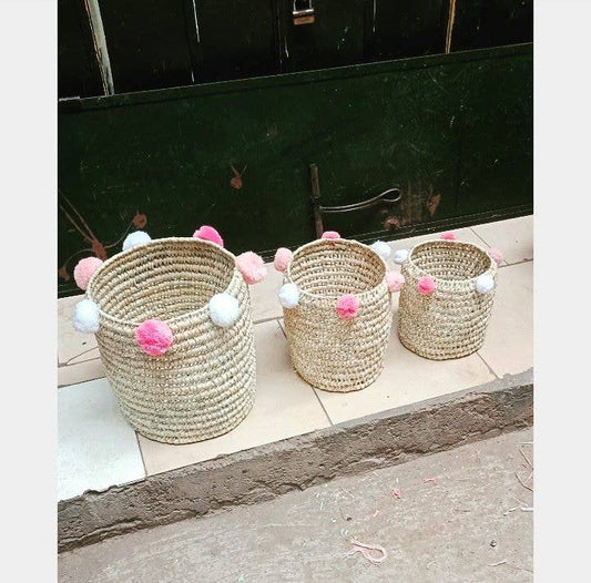 Set of 3 customizable pompom bohemian style storage basket - berberlifeshop