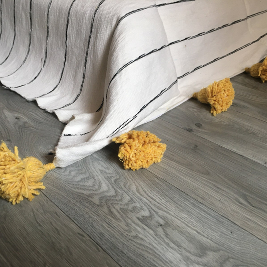 Moroccan blanket White & Yellow Ochre Tassels bed spread - berberlifeshop