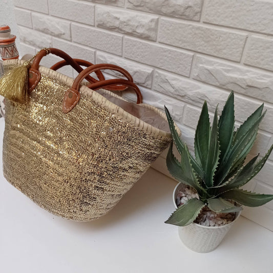 Gold Sequins Leather Handles Straw Bag - berberlifeshop