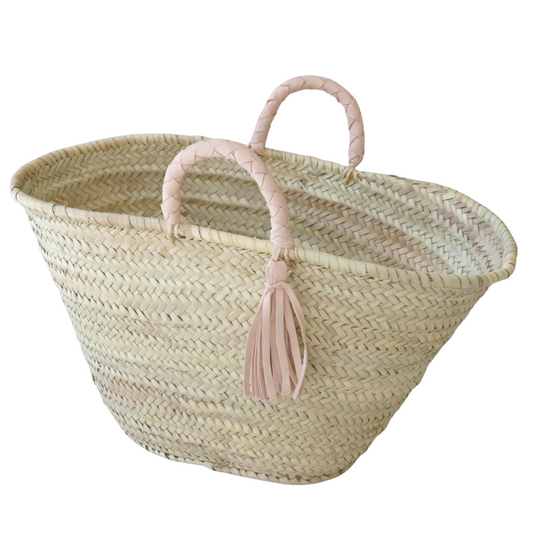 French Market Basket with Short Leather Handles tassels - berberlifeshop