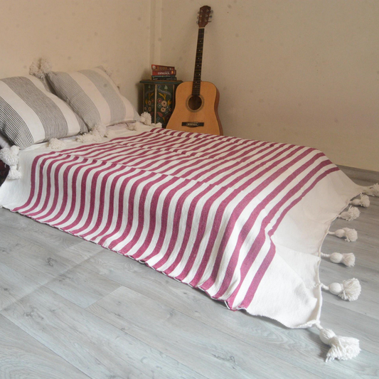 Moroccan blanket Hot Pink stripes Tassels bed spread - berberlifeshop
