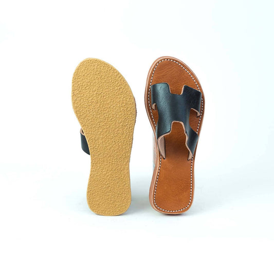 H shaped Black leather Sandal - berberlifeshop