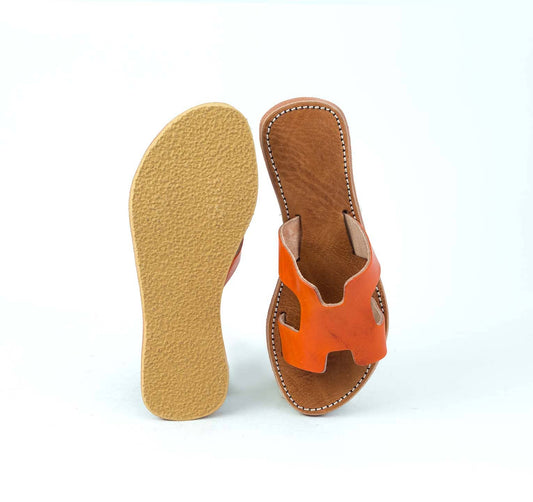 H shaped Orange leather Sandal - berberlifeshop