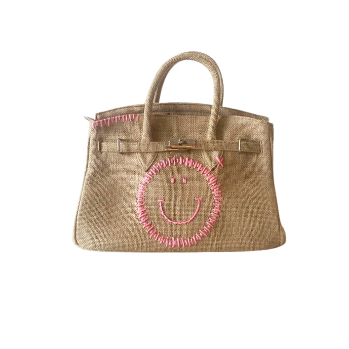 Stylish Birkin Style Jute Handbag with Smiley Embroidery - berberlifeshop