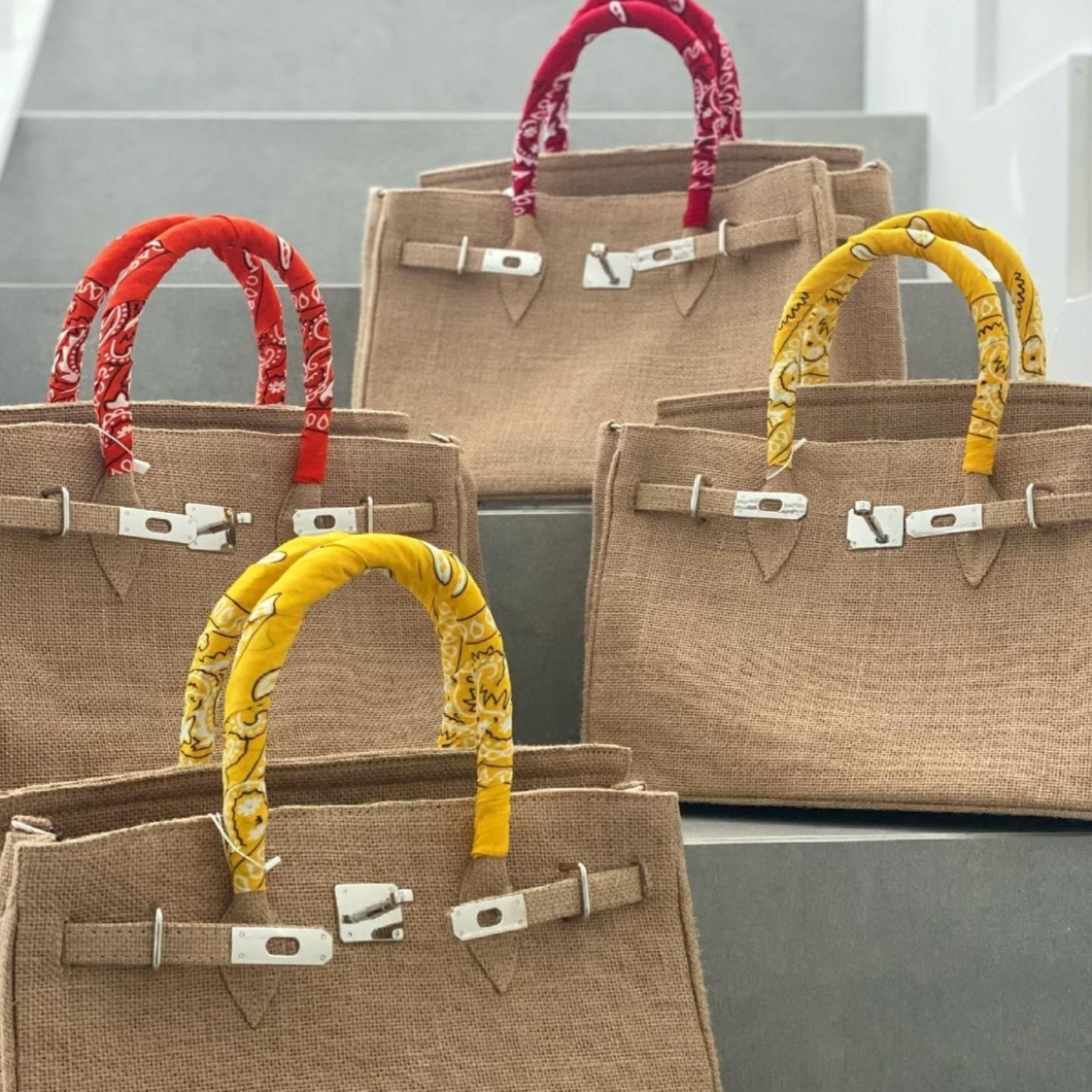 Bandana-Handled Jute Birkin Bag with Shoulder Strap - berberlifeshop