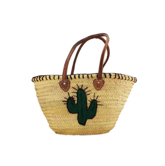 Handwoven Straw Bag with Cactus Wool Embroidery