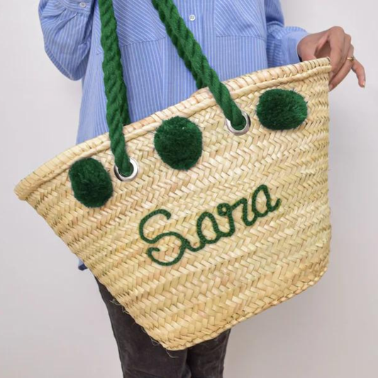 Boho Chic Pompom Delight Customizable Handwoven Straw Bag