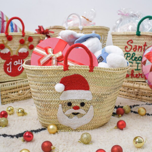 Handwoven Straw Bag with Christmas Embroidery Santa's Sack