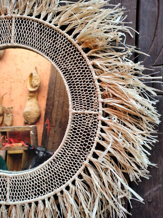 Loully 50cm Diameter Round Raffia Mirror - berberlifeshop