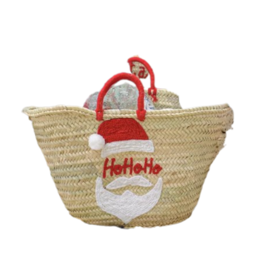 Handwoven Straw Bag with Christmas Embroidery Santa's Sack