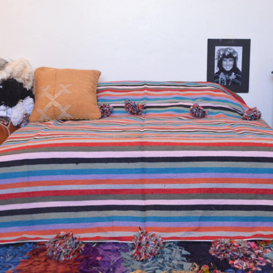Moroccan blanket multicolor stripes Tassels bed spread - berberlifeshop