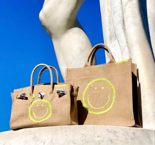 Stylish Birkin Style Jute Handbag with Smiley Embroidery - berberlifeshop