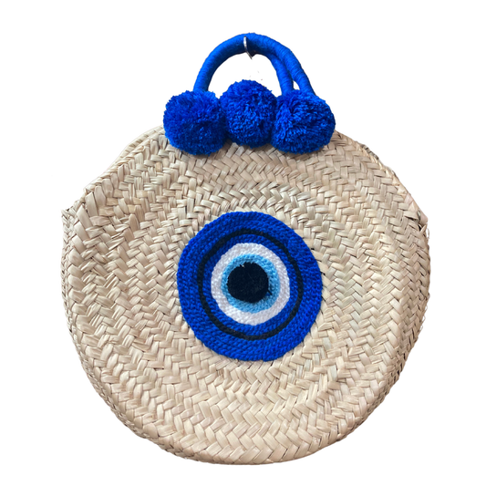 Evil eye round straw bags with 3 pompoms - berberlifeshop